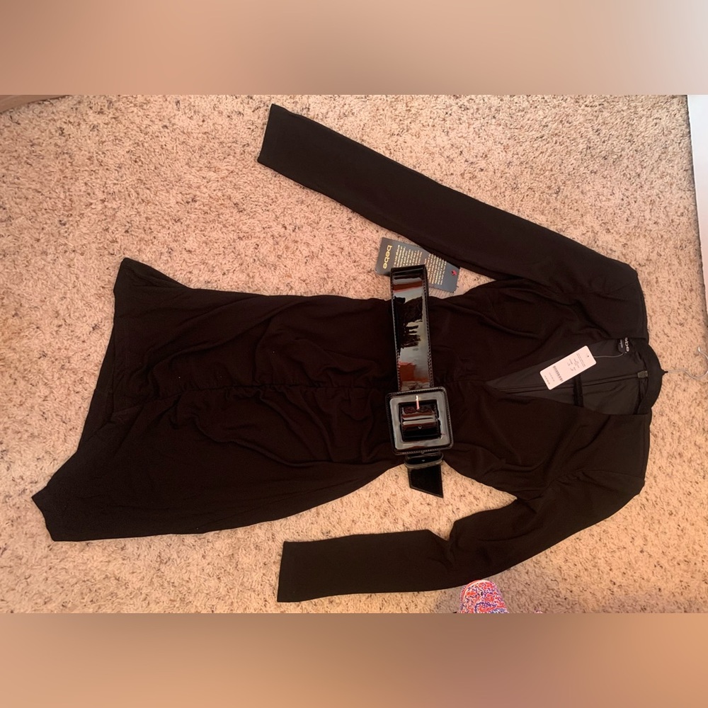 bebe Black Long Sleeve Bodycon Dress with Belt